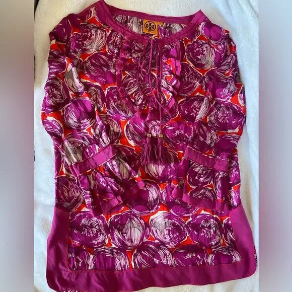 Tory Burch Sz 4 Gwenna Deep Pink Floral Keyhole Oval Ruffled front Tie front - Picture 10 of 14